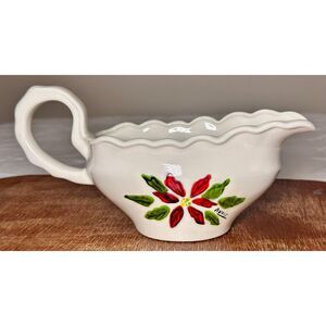 Hand-Painted Christmas Poinsettia Gravy Boat Signed ANNIE – Vintage Holiday